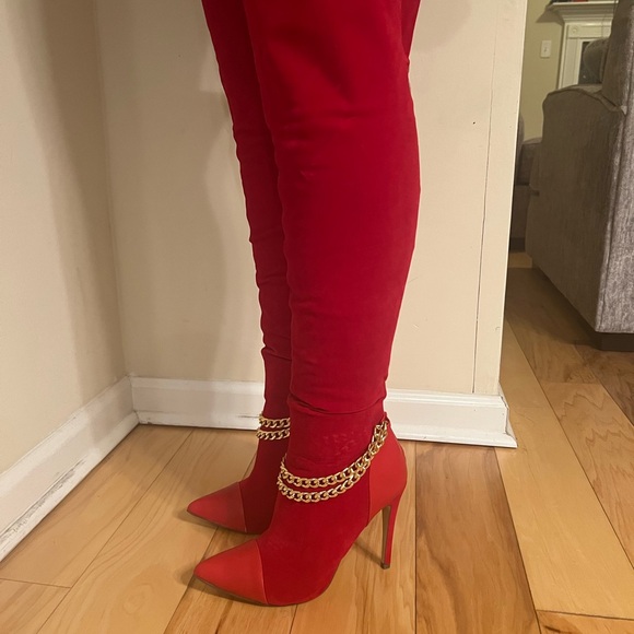 2 Chains Mixed Media Boots RED boots, over-the-knee boots,  stiletto boots - Picture 5 of 11